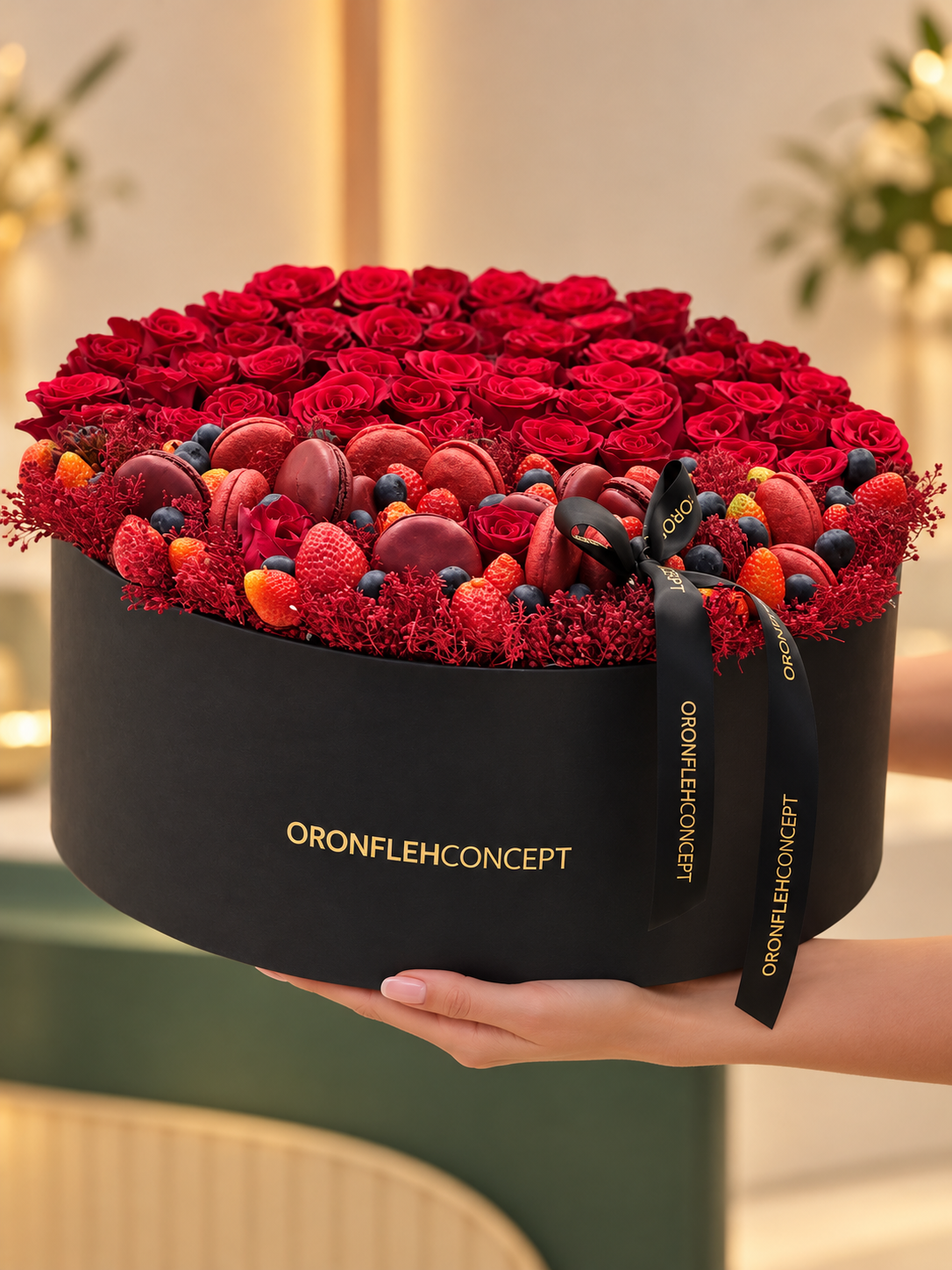 Ruby – Luxury Roses & Macarons Arrangement